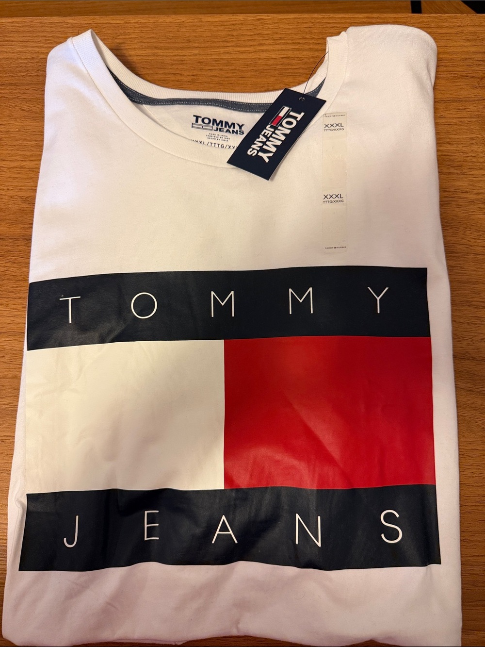 Tommy Hilfiger White Short Sleeve Tee with Navy and Red Logo Block